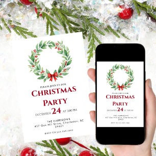 Wreath Ribbon Holiday Christmas Dinner Invitation