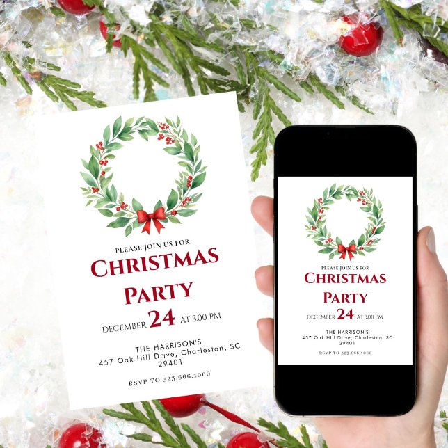 Wreath Ribbon Holiday Christmas Dinner Invitation (Creator Uploaded)