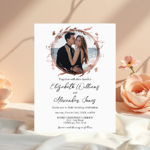 Wreath Rose Gold Foil Photo Calligraphy Wedding Invitation