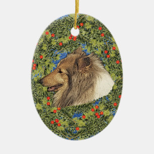 Wreath Rough Collie Ceramic Tree Decoration