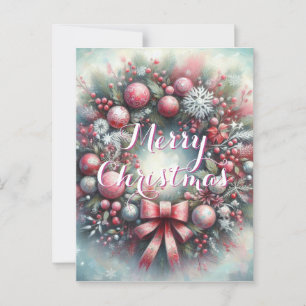 Wreath Sage Green & Pink Personalised Christmas Postcard