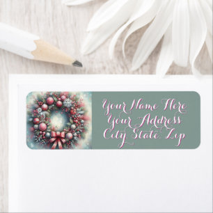 Wreath Sage Green & Pink Personalised Christmas Return Address Label