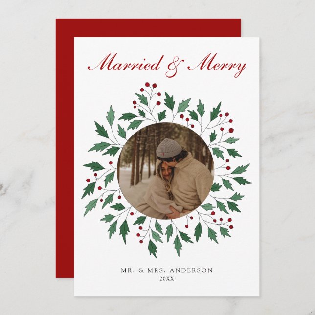 Wreath Script Married & Merry Newlywed Photo Holiday Card (Front/Back)