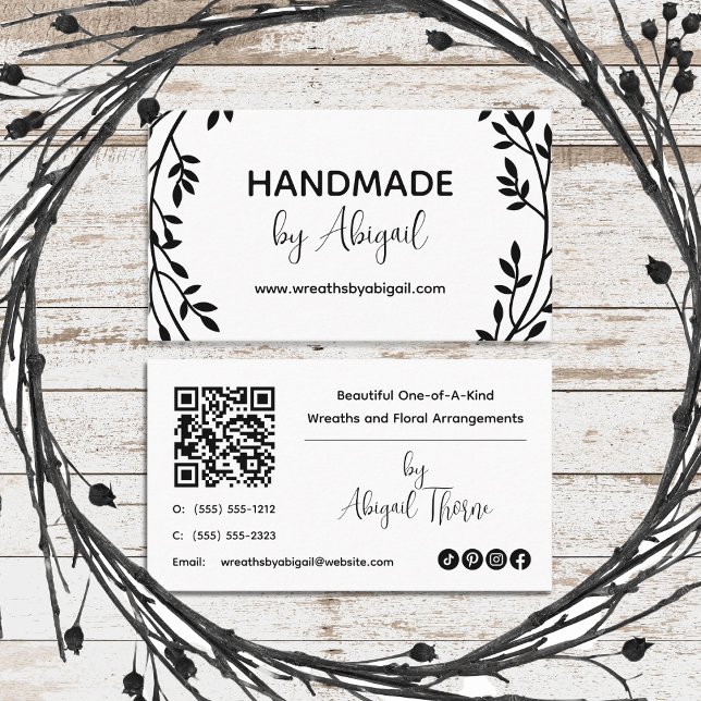 Wreath Vines Handmade | Handcrafted Business Card (Black and White Wreath Vines "Handmade" Handcrafted Business QR Code Business Card)