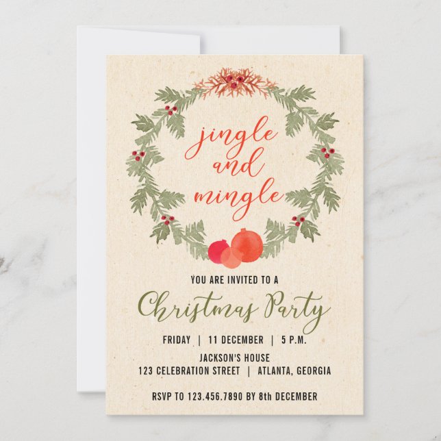 Wreath Vintage Jingle and Mingle Christmas Party  Invitation (Front)