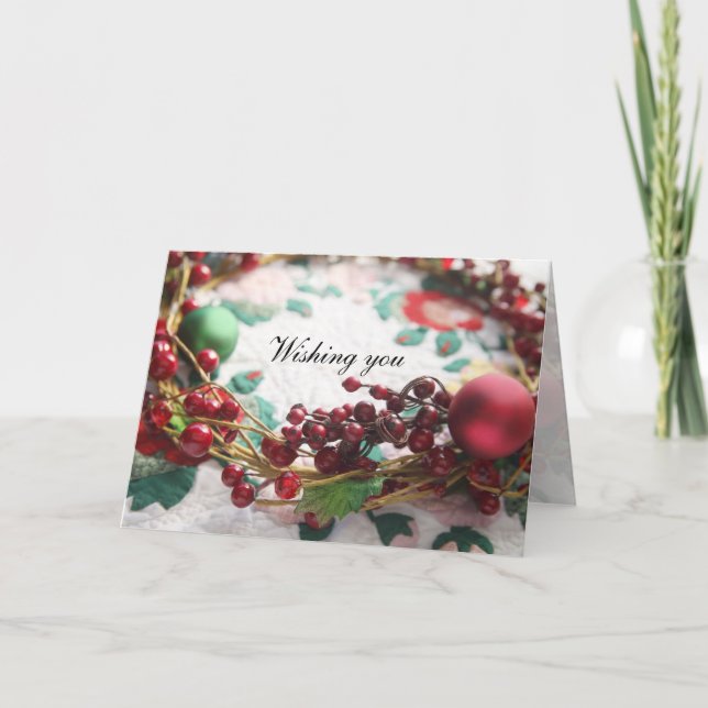 Wreath with berries on a quilt Christmas Holiday Card (Front)