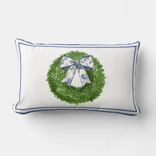 Wreath with Blue Toile Bow Lumbar Cushion (Front)