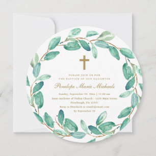 Wreath with Cross Photo Baptism Invitation