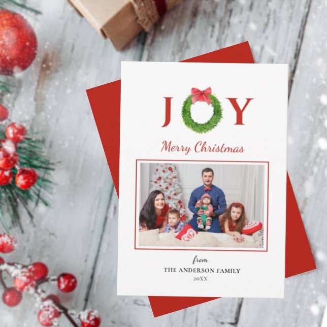 Wreath with "JOY" Christmas holiday photo Card (Creator Uploaded)
