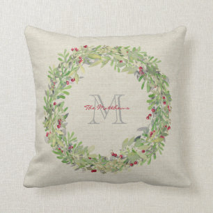 Wreath with monogrammed name & initial cushion
