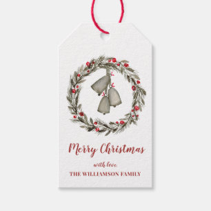 Wreath with Red Berries and Bells Christmas Gift Tags