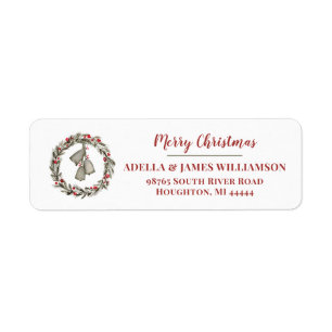 Wreath with Red Berries and Bells Merry Christmas Return Address Label