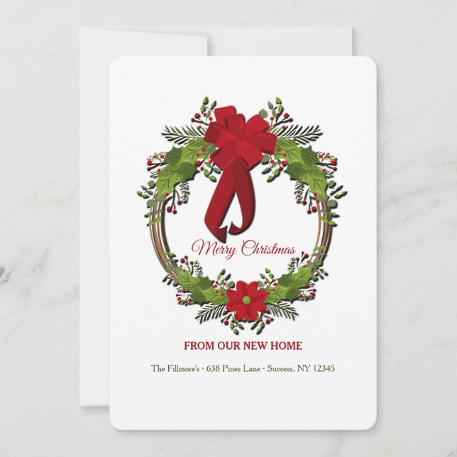 Wreath With Red Bow Holiday Moving Announcement (Front)