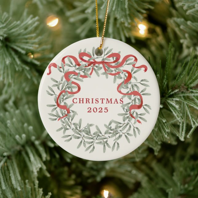 Wreath with Red Ribbon Family Photo Holiday Ceramic Ornament (Tree)