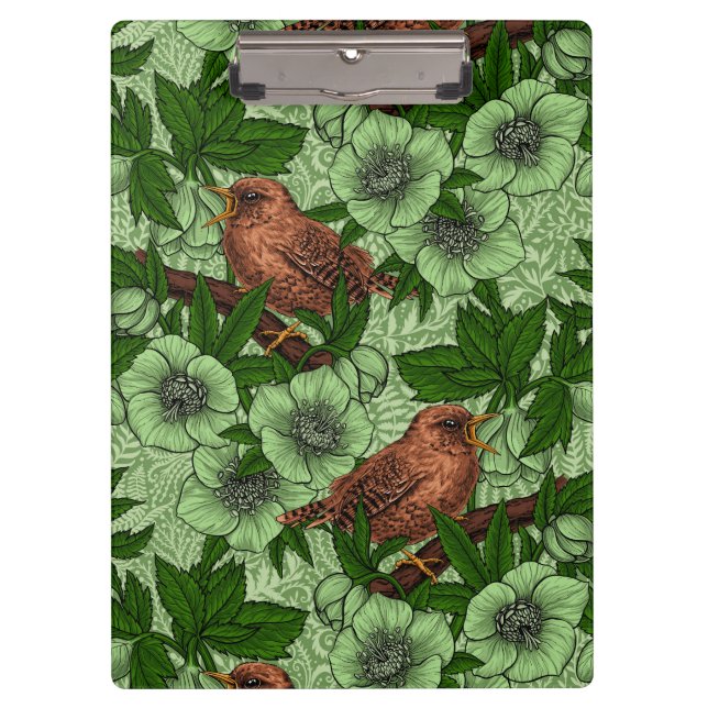 Wren and hellebore, light green clipboard (Front)