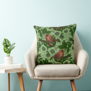 Wren and hellebore, light green cushion