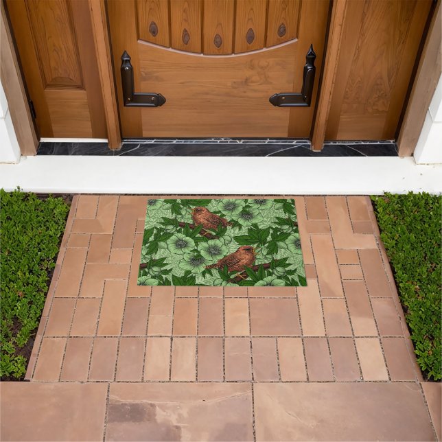 Wren and hellebore, light green doormat (Outdoor)