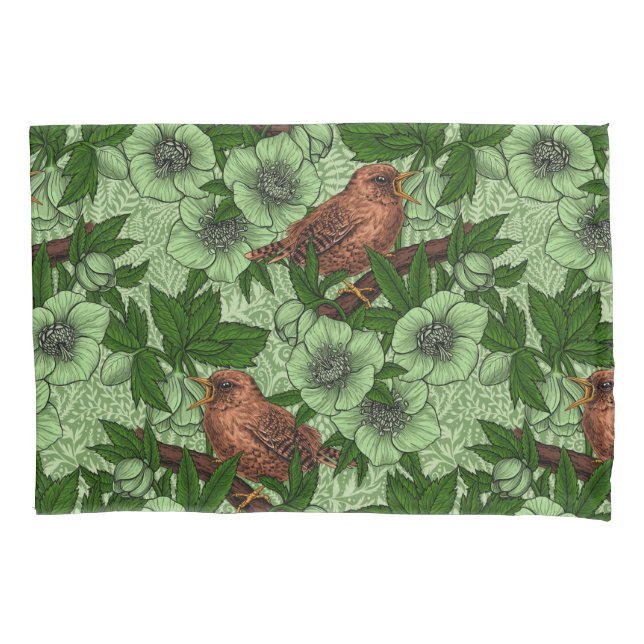 Wren and hellebore, light green pillowcase (Front-Left)