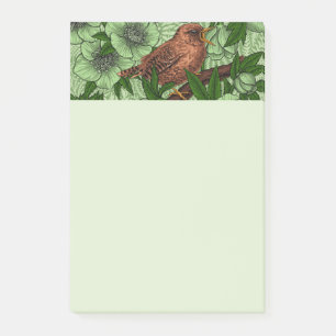 Wren and hellebore, light green post-it notes
