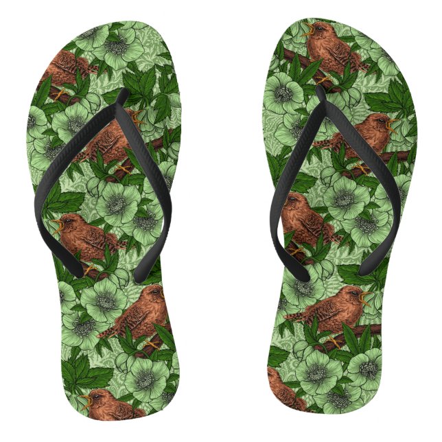 Wren and hellebore, light green thongs (Footbed)