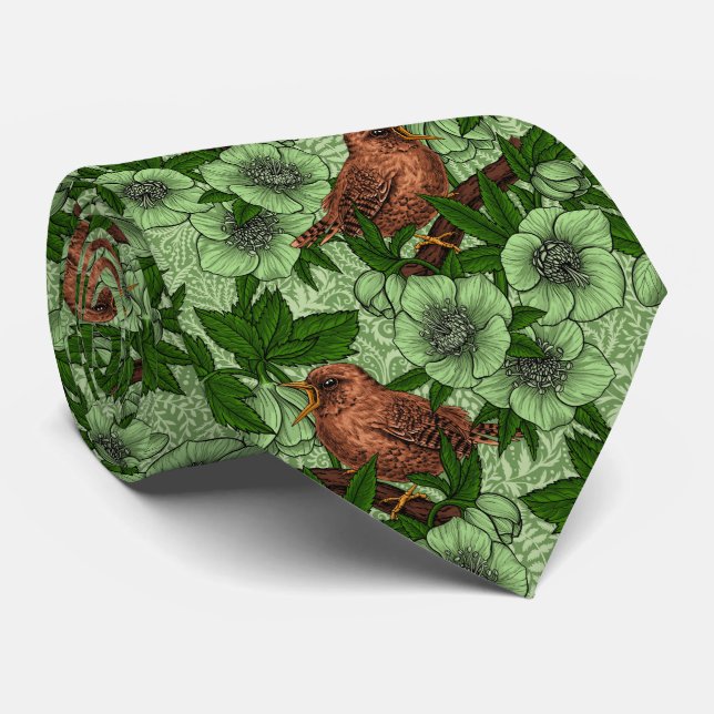 Wren and hellebore, light green tie (Rolled)