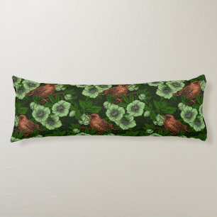 Wren and hellebore on dark green body cushion