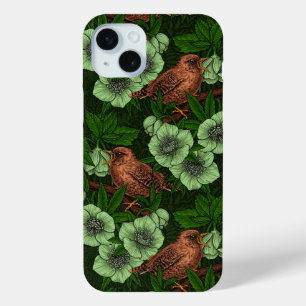 Wren and hellebore on dark green iPhone 15 mini case