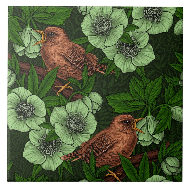 Wren and hellebore on dark green ceramic tile (Front)