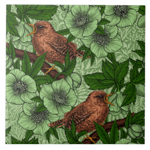 Wren and hellebore on dark green ceramic tile