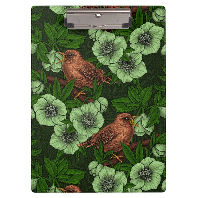 Wren and hellebore on dark green clipboard (Front)