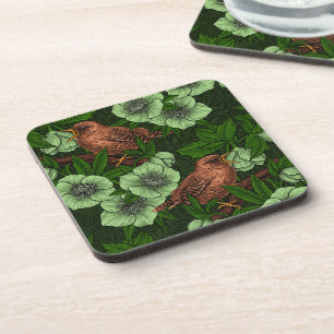 Wren and hellebore on dark green coaster