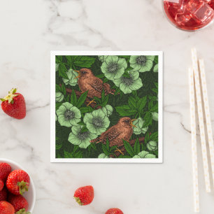 Wren and hellebore on dark green napkin
