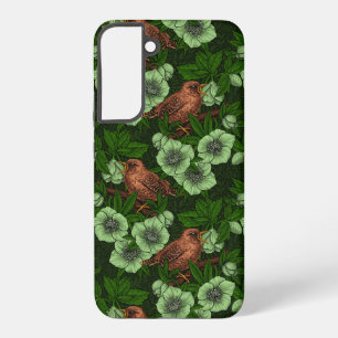 Wren and hellebore on dark green samsung galaxy case