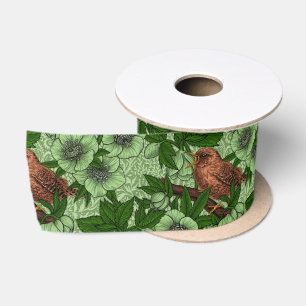 Wren and hellebore on dark green satin ribbon