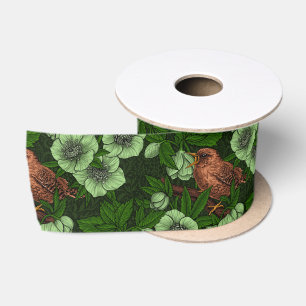 Wren and hellebore on dark green satin ribbon