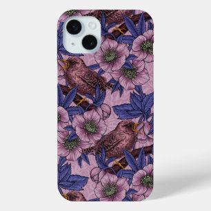 Wren and hellebore, pink and violet iPhone 15 mini case