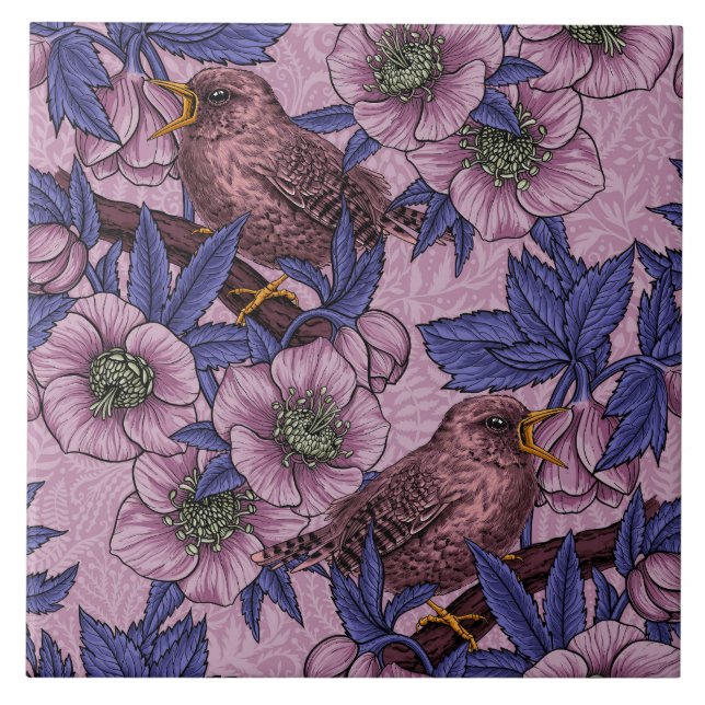 Wren and hellebore, pink and violet ceramic tile (Front)