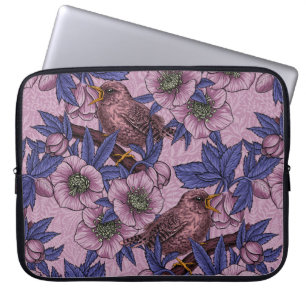 Wren and hellebore, pink and violet laptop sleeve