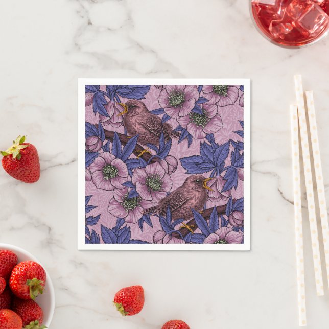 Wren and hellebore, pink and violet napkin (Insitu)