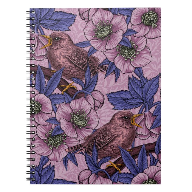Wren and hellebore, pink and violet notebook (Front)