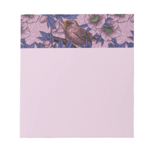 Wren and hellebore, pink and violet notepad