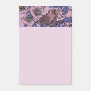 Wren and hellebore, pink and violet post-it notes