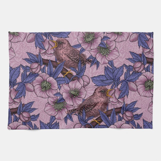 Wren and hellebore, pink and violet tea towel (Horizontal)
