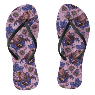Wren and hellebore, pink and violet thongs