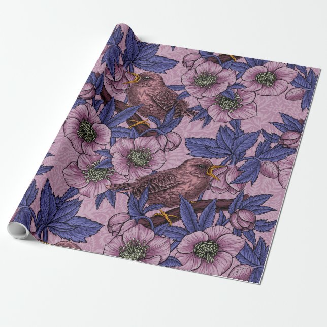Wren and hellebore, pink and violet wrapping paper (Unrolled)