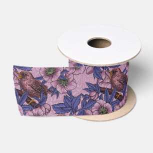 Wren and hellebore, pink and violetWren and helleb Satin Ribbon