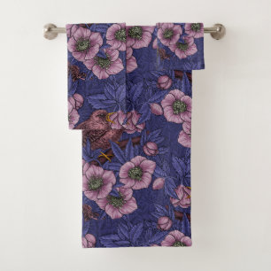 Wren and hellebore, violet and pink bath towel set