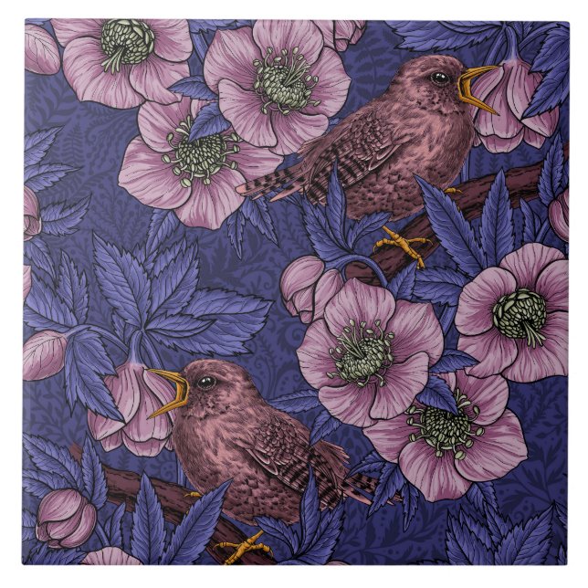 Wren and hellebore, violet and pink ceramic tile (Front)