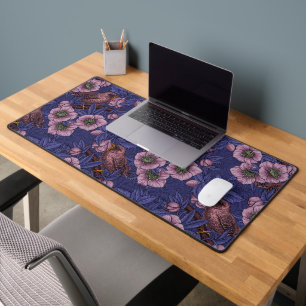 Wren and hellebore, violet and pink desk mat