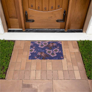 Wren and hellebore, violet and pink doormat